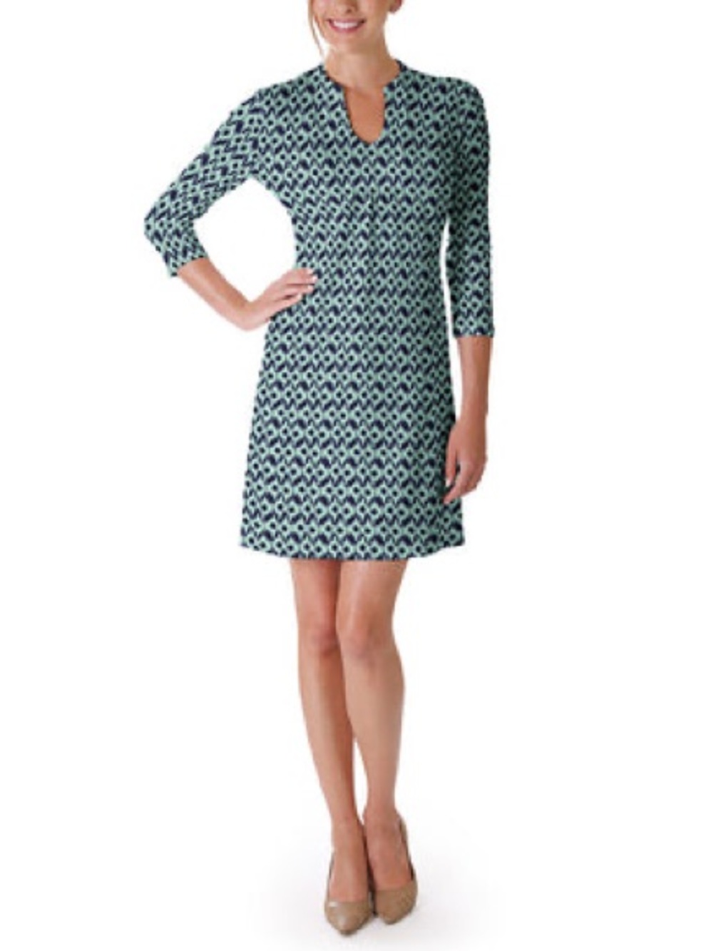 Ellie Kai Chloe Sheath Dress Travel Knit Turquoise Print Knee Length 12